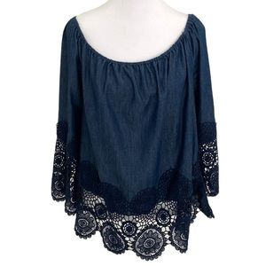 Unique Spectrum Blue Denim Knit Off-Shoulder Blouse